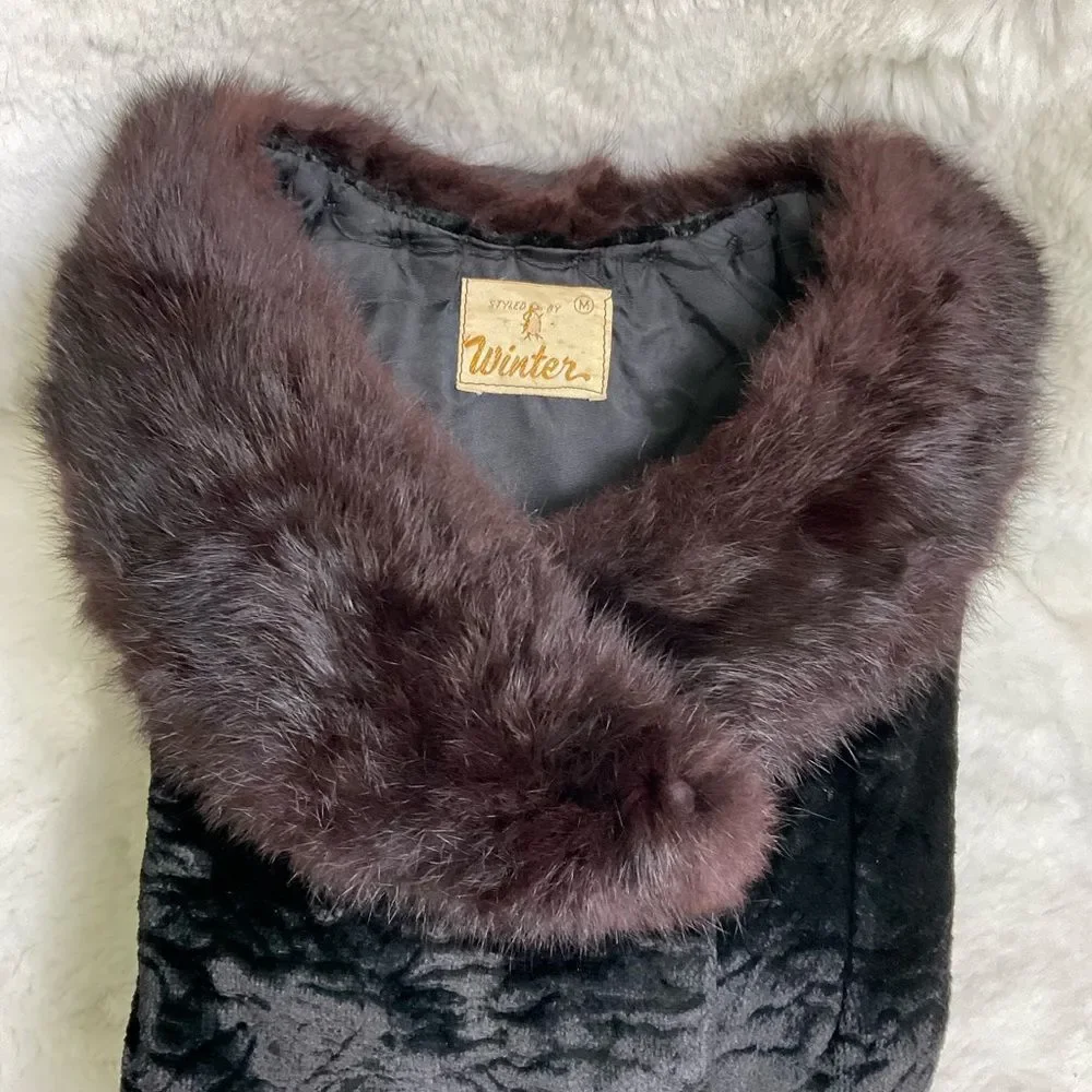 Styled By Winter Vintage Y2K Black Brown Crush Velvet Fur Collar Jacket Size M